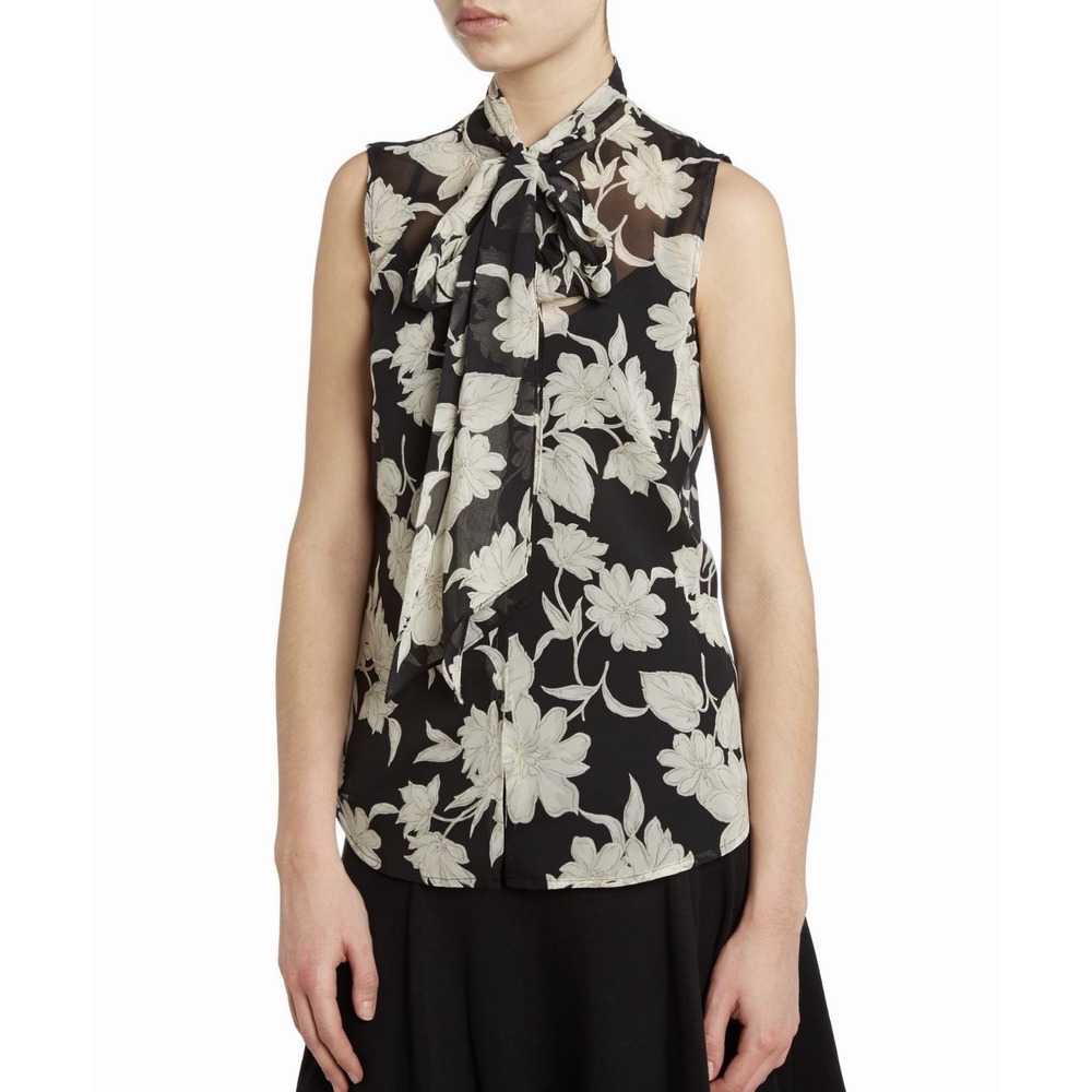 Ralph Lauren Women's Silk Tie-Neck Floral Tank Top Creme White‎ Black Sheer 4